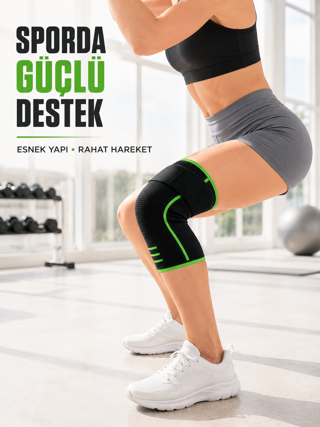 Siyah Yeşil Spor Dizlik Ayarlanabilir Destek Bantlı Nefes Alabilen Örme
