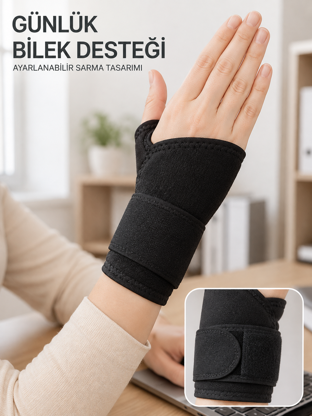 Siyah El Bilek Desteği Cırtlı Ayarlanabilir Başparmak Geçişli Bileklik Spor Bandajı