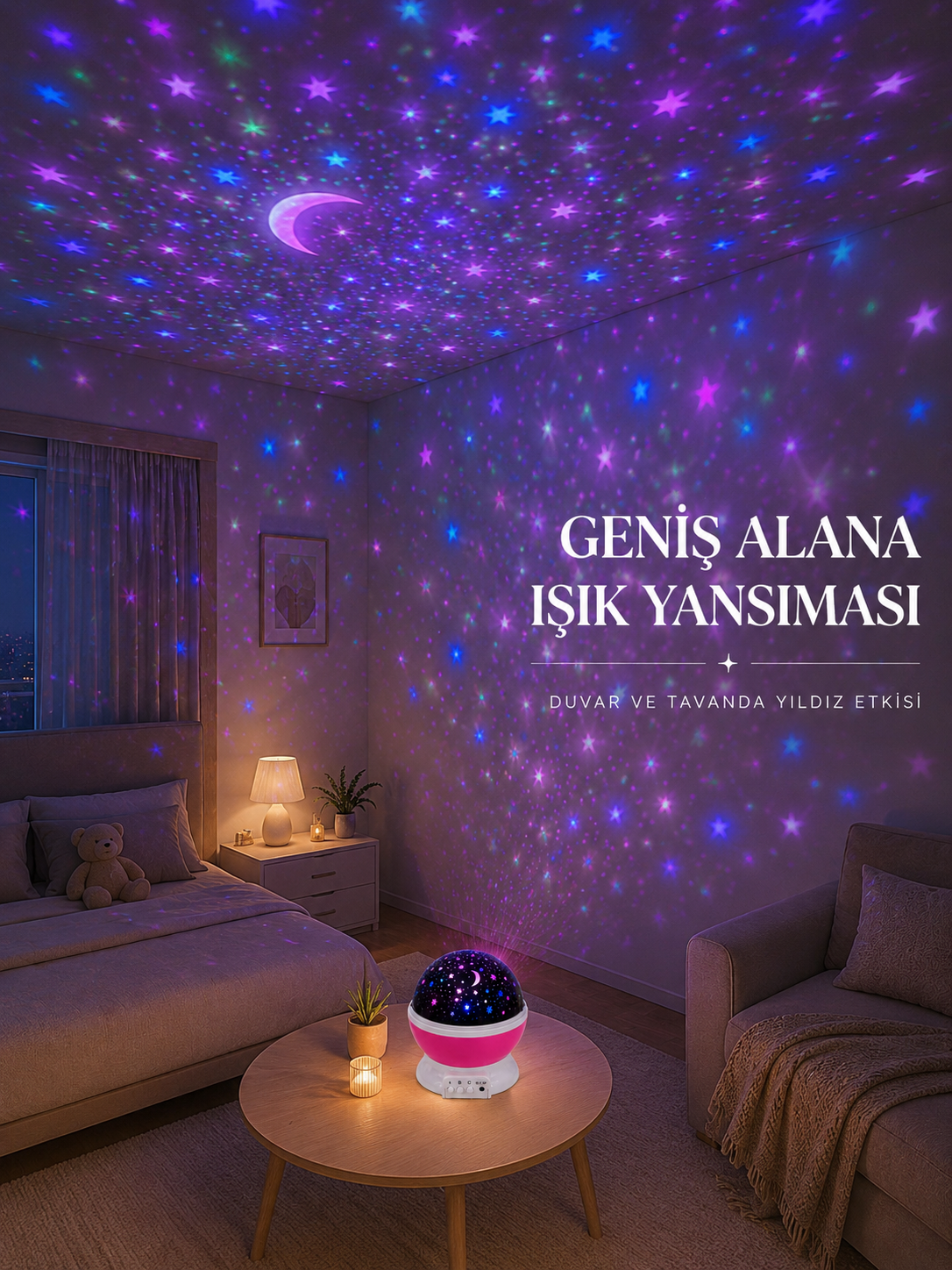 Yıldızlı Gökyüzü Projektörü Pembe Renkli Döner Çocuk Odası Gece Lambası