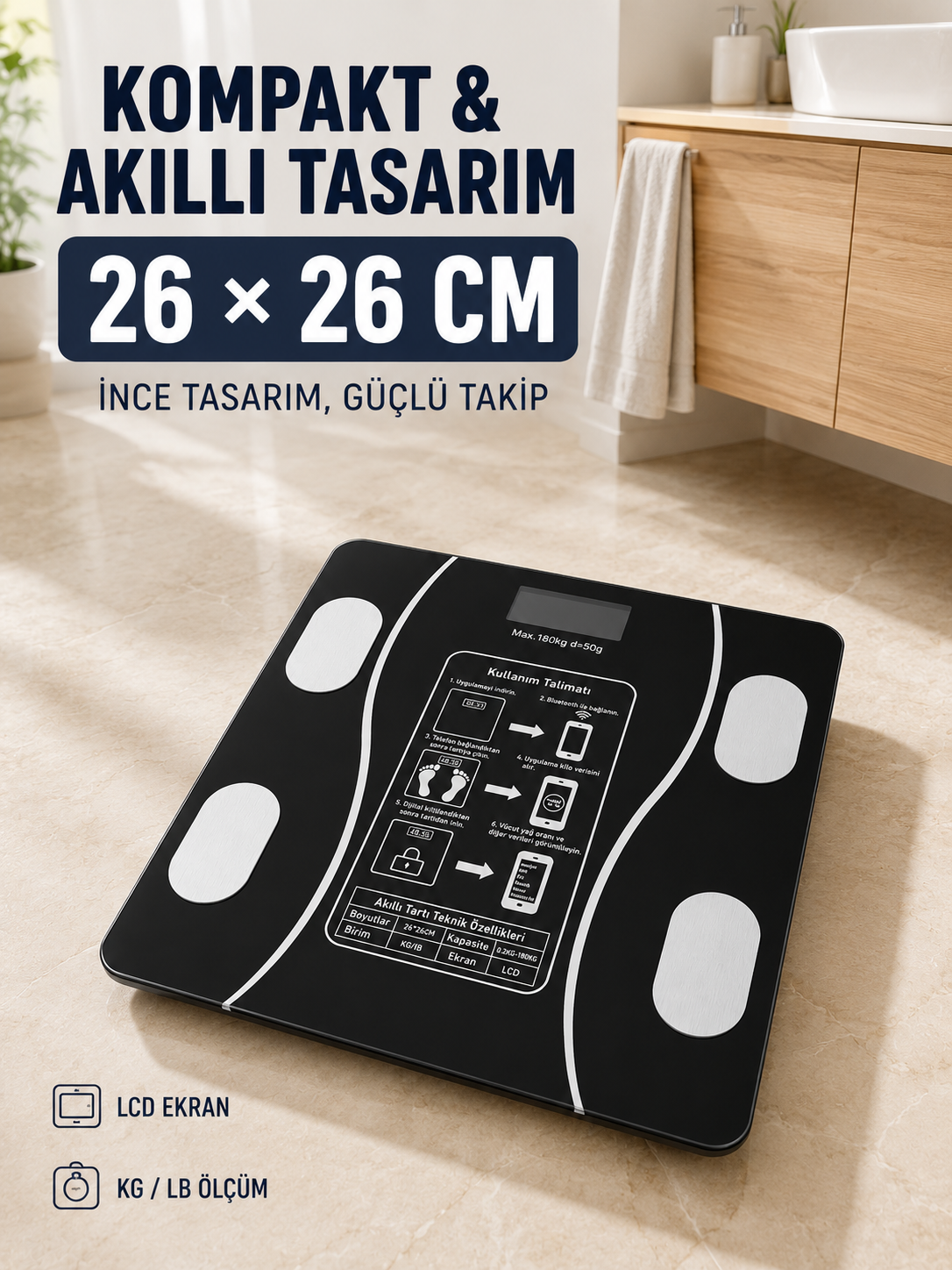 180 Kg Akıllı Cam Tartı Bluetooth Vücut Yağ Kas Su ve BMI Ölçüm Destekli Baskül