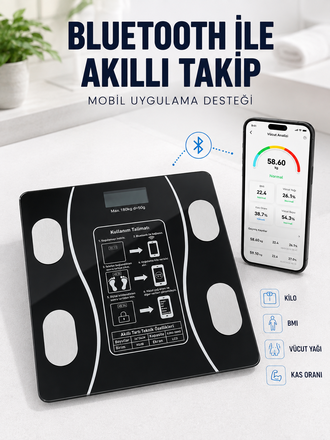 Akıllı Cam Baskül Bluetooth Mobil Uygulamalı Vücut Analiz Tartısı 180 Kg LCD Ekran