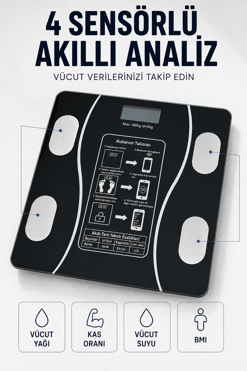 Bluetooth Akıllı Tartı 180 Kg Kapasiteli Vücut Yağ Kas Su BMI Analizli Cam Baskül