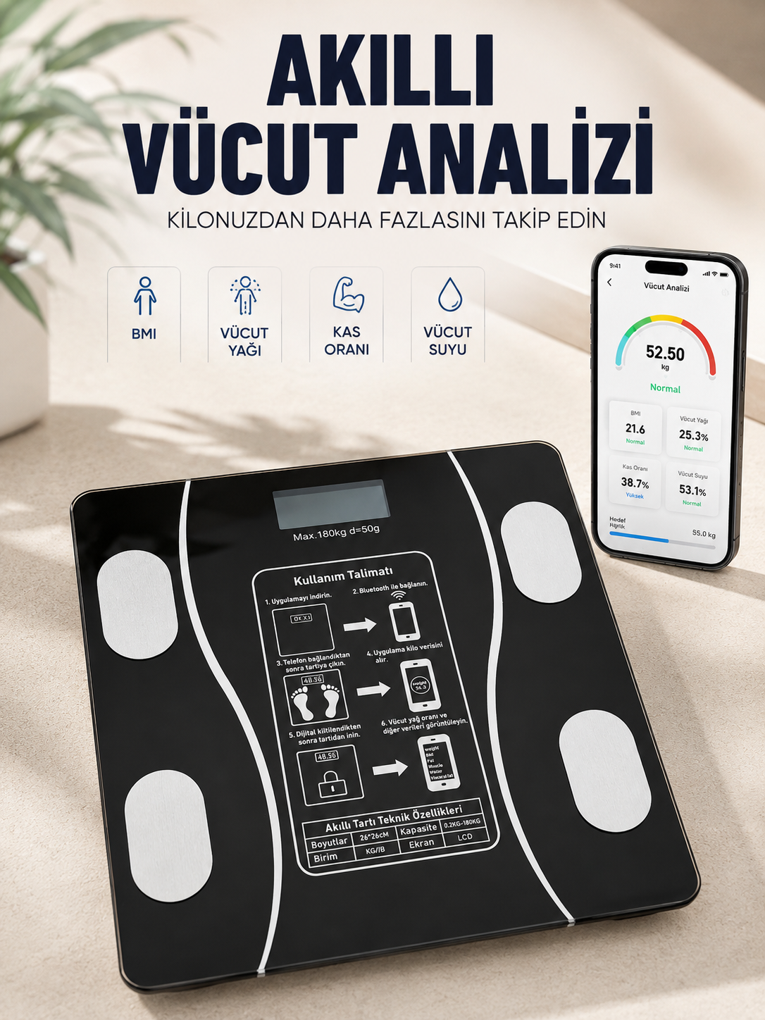 Akıllı Vücut Analiz Baskülü Bluetooth Bağlantılı 4 Sensörlü LCD Ekranlı Dijital Tartı