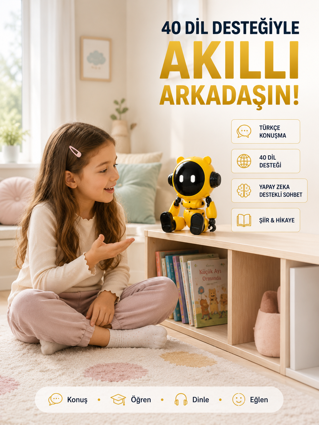 Yapay Zeka Çocuk Robotu Türkçe İngilizce Matematik Fen Ders Desteği Hikaye ve Şiir Özellikli