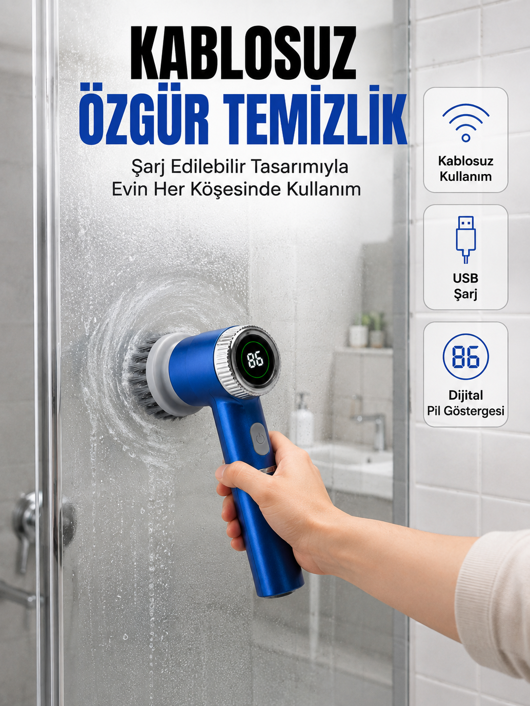 Mutfak, Banyo ve Fayanslar İçin Çok Amaçlı Elektrikli Temizlik Fırçası