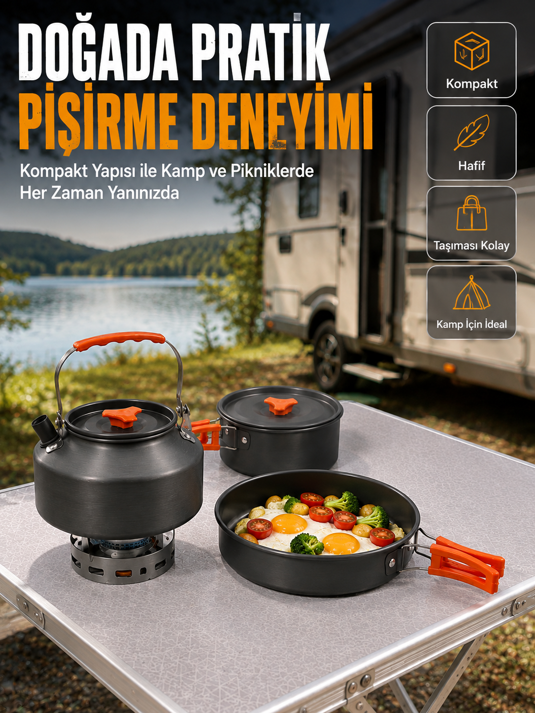 Alüminyum Kamp Pişirme Seti Katlanabilir Kulplu Çaydanlık Tencere Tava Outdoor Yemek Seti