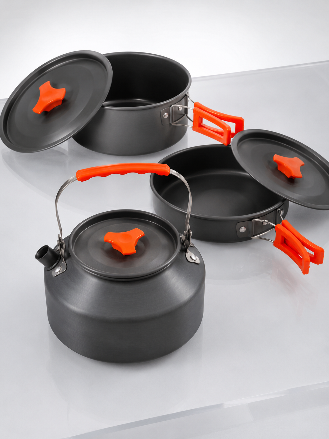 Alüminyum Kamp Pişirme Seti Katlanabilir Kulplu Çaydanlık Tencere Tava Outdoor Yemek Seti