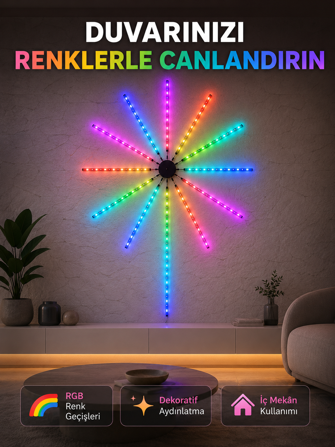 RGB LED Duvar Aydınlatması Telefon Kontrollü Dekoratif Ortam Işığı