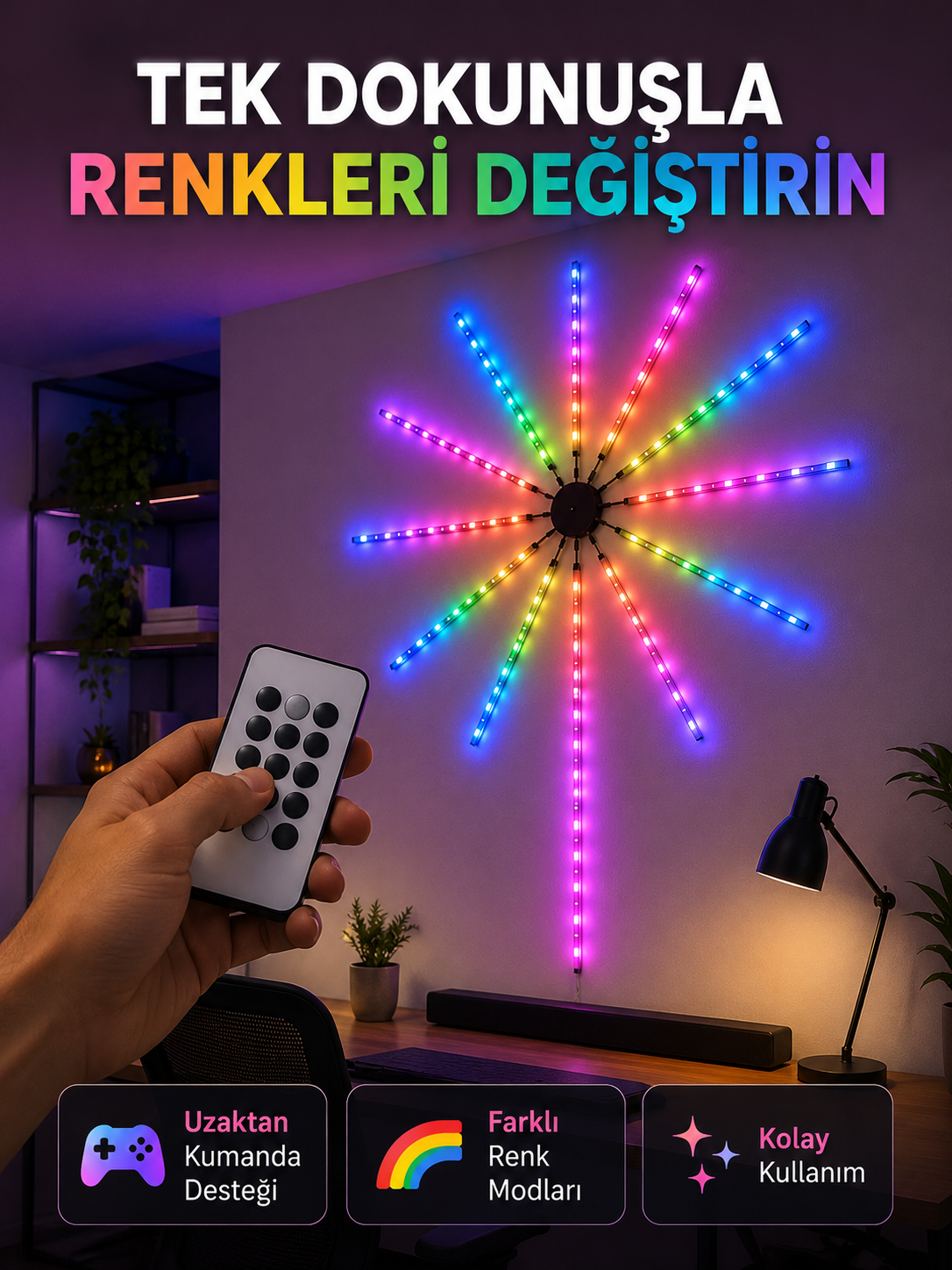 RGB LED Duvar Lambası Uzaktan Kumandalı Telefon Kontrollü Ortam Aydınlatması