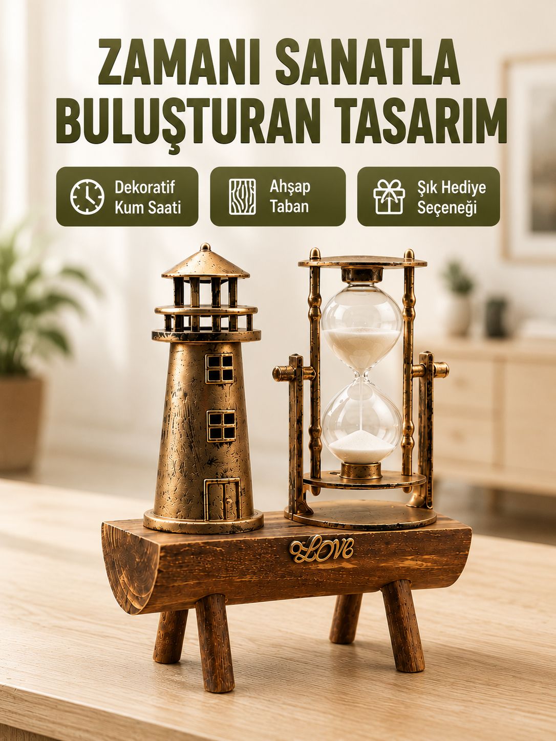 Vintage Kum Saati + Deniz Feneri Modeli – Ahşap Gövdeli Masa Üstü Dekor Yeni Nesil