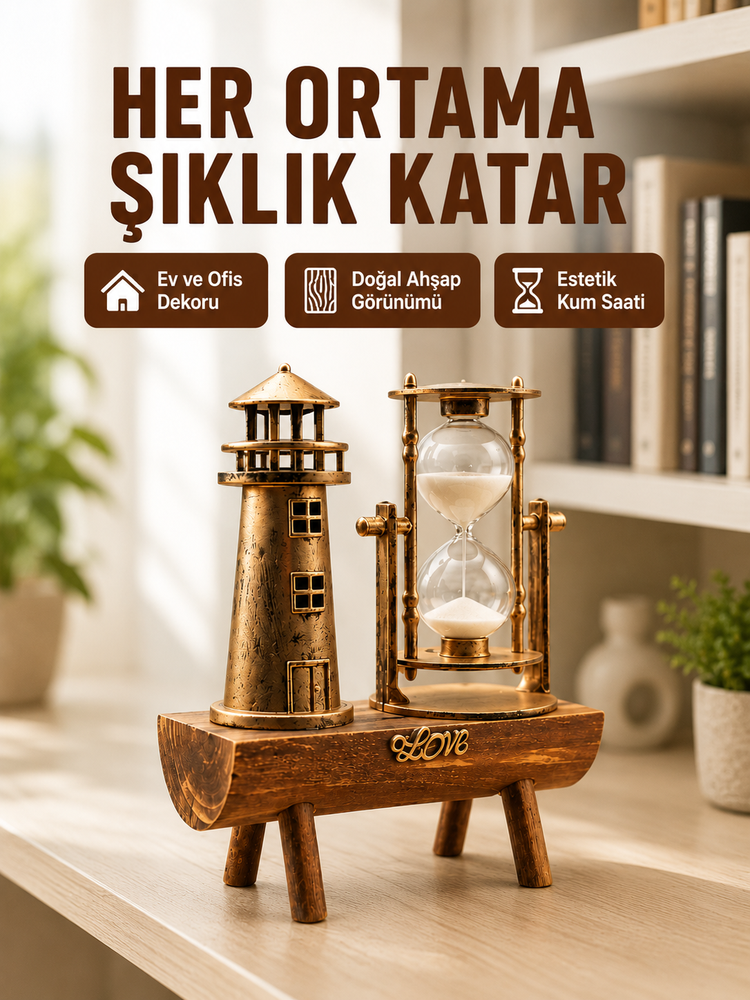Ahşap Kum Saati ve Deniz Feneri Figürü Bir Arada  Ev Ofis Dekorasyonu Yeni Nesil