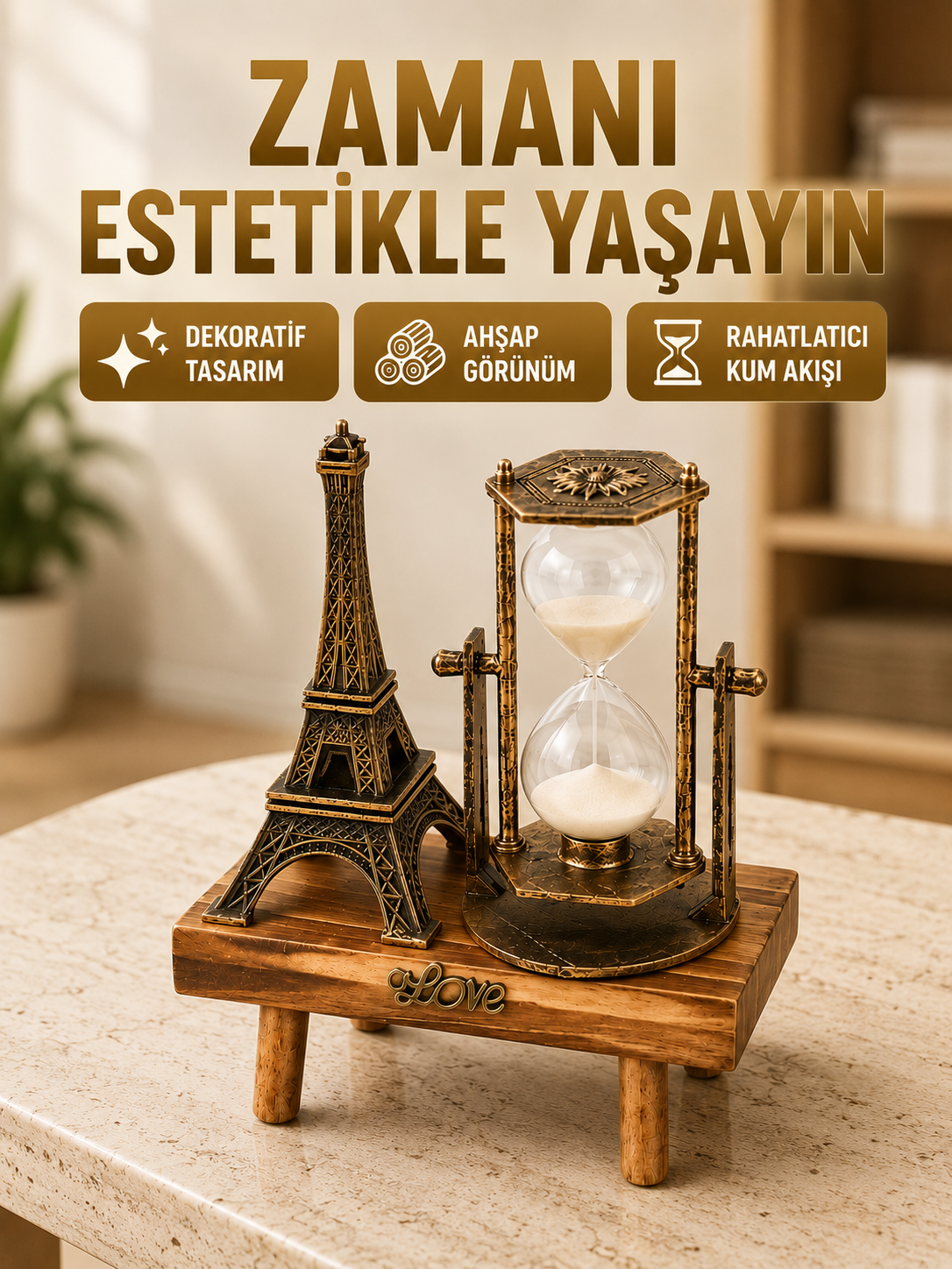 Ahşap Gövdeli Dekoratif Kum Saati – Masa Üstü El Sanatı Aksesuarı