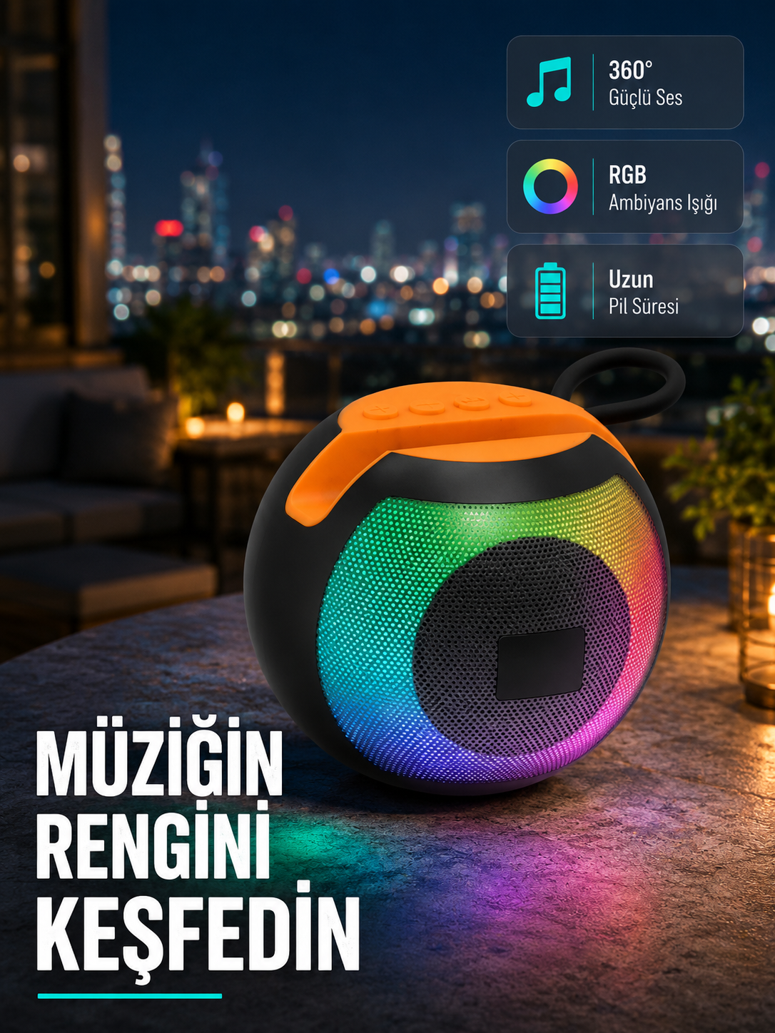 Bluetooth 5.0 Hoparlör – RGB Işıklı, Güçlü Bas ve 360° Surround Ses