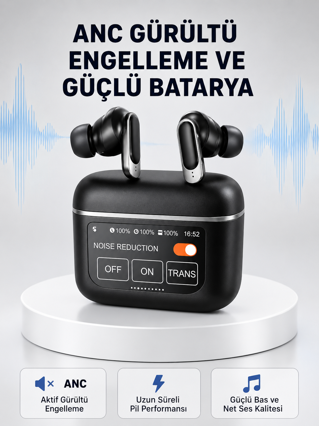ANC Teknolojili Kablosuz Bluetooth Kulaklık – Dokunmatik, Dijital Göstergeli, Yüksek Ses Kalitesi