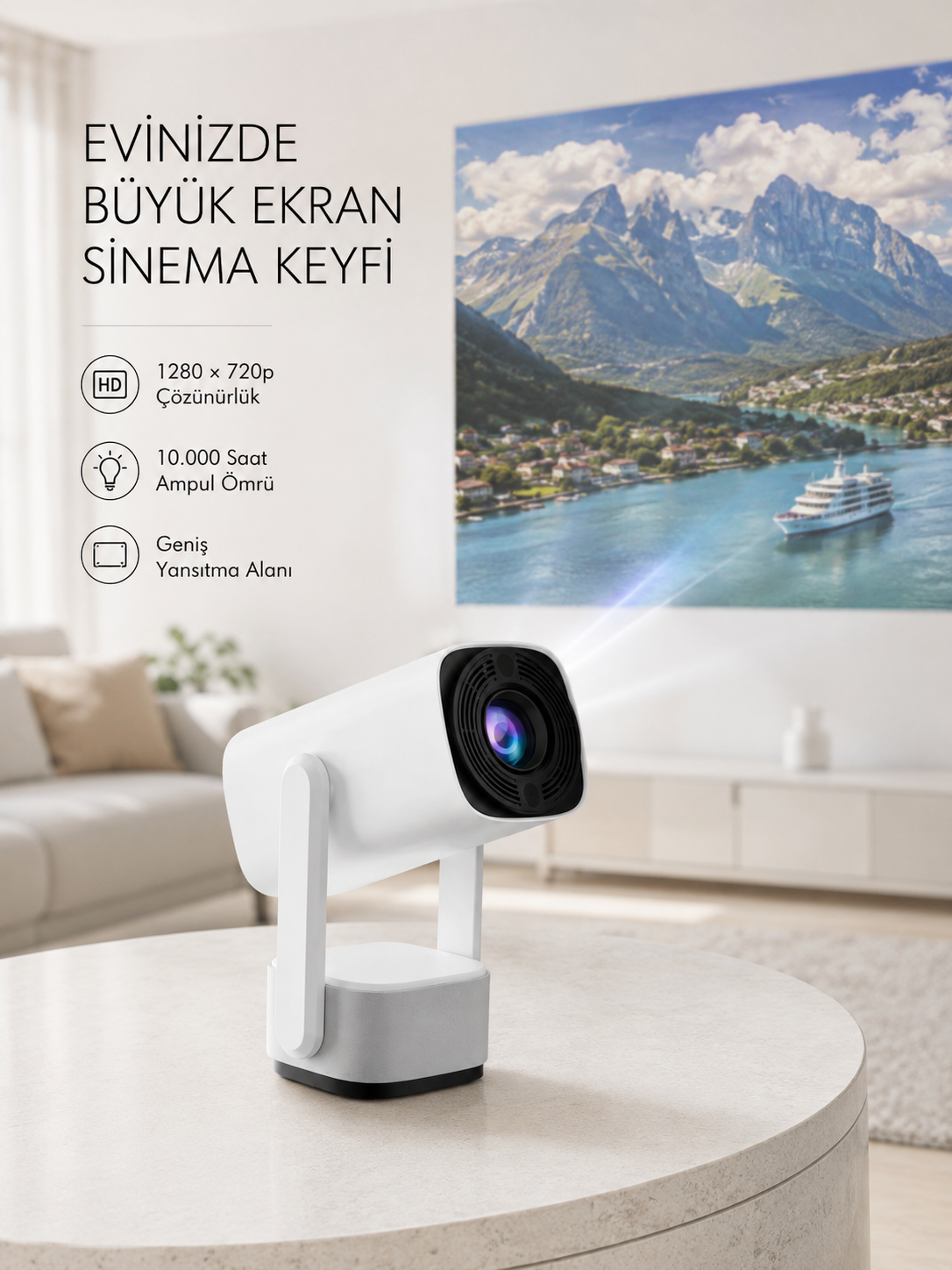720p HD Projeksiyon Cihazı – Uzun Ömürlü Ampul, Canlı Renkler ve Evde Sinema Keyfi